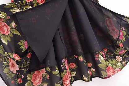 Slim and sexy side split waist mid-length dress, French retro square collar Print Chiffon Dress Bohemian dress