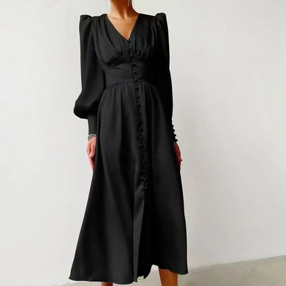 V-Neck Elegant Long Sleeve Waist-Defining Dress Style