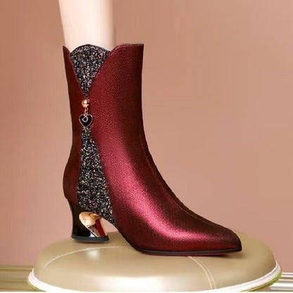 Leather Coarse Heel Pointed Short Boots Women's Middle Heel Burgundy Splicing Soft Leather Women's Boots Large Size Women's Shoes