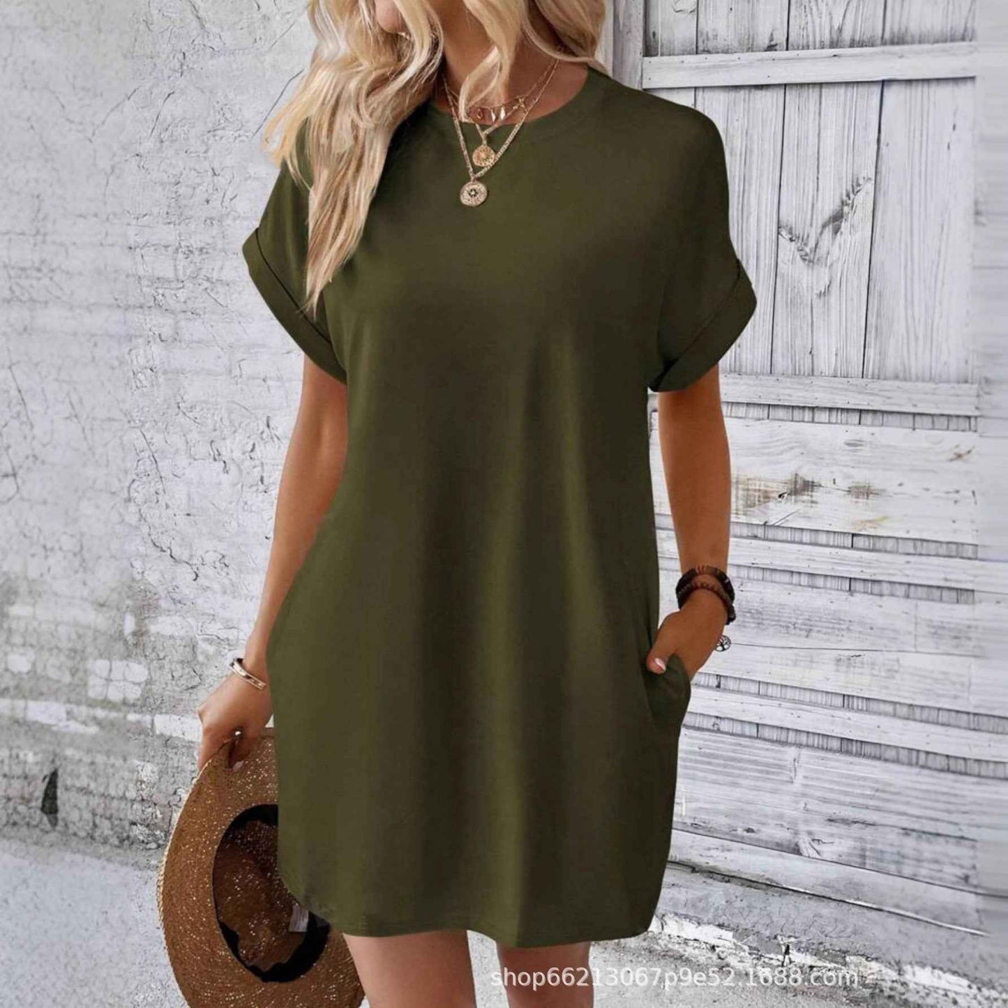Loose Plus Size Fashion Casual Dress Solid Batwing Sleeve Tee Dress