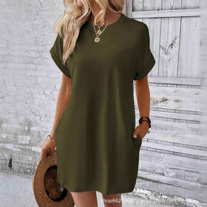 Loose Plus Size Fashion Casual Dress Solid Batwing Sleeve Tee Dress