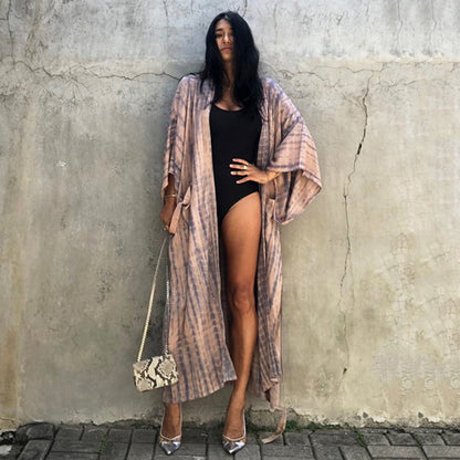 Tie-Front Printed Cardigan Beach Dress ¨C Bikini Cover-Up, Vacation Sun Protection Kimono Dress