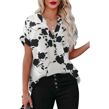 Printed Short Sleeve Shirt Loose V-Neck