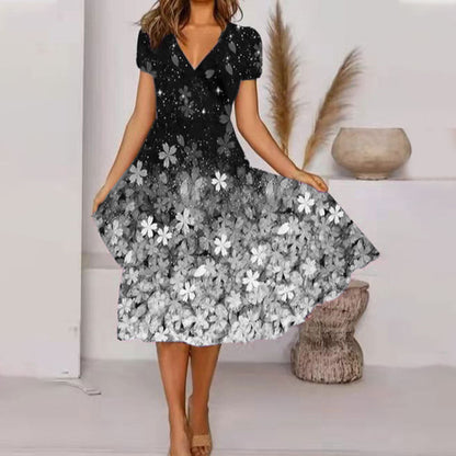 V Neck Bohemian Print Short Sleeve Dress - Flowy Casual Summer Dress with Elastic Waist -dropshippingabc.com