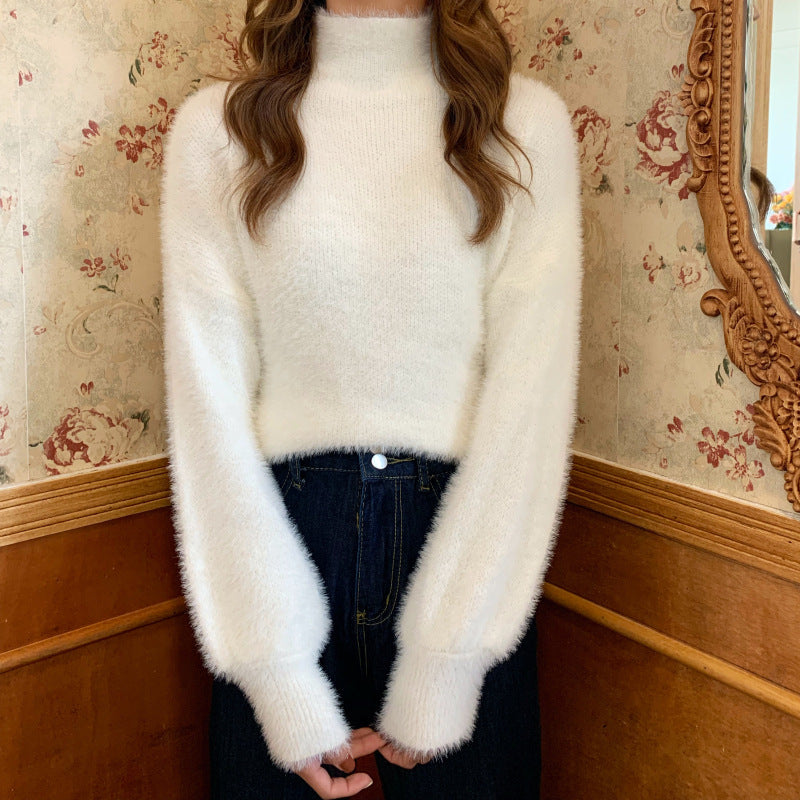 High-Neck Faux Fur Knit Sweater