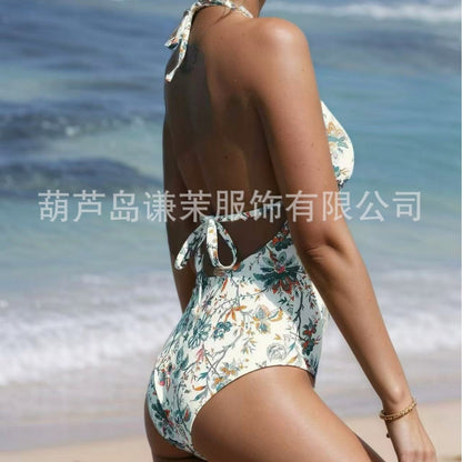 One-piece Multicolor Print Hot Selling One-piece Swimsuit Triangle Bikini Multiple Straps Swimwear Halter Neck