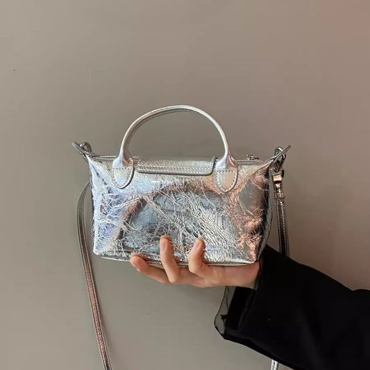 Spring and summer burst metallic mini tote bag, mini shoulder bag with crossbody strap, silver mini tote bag versatile women's bag