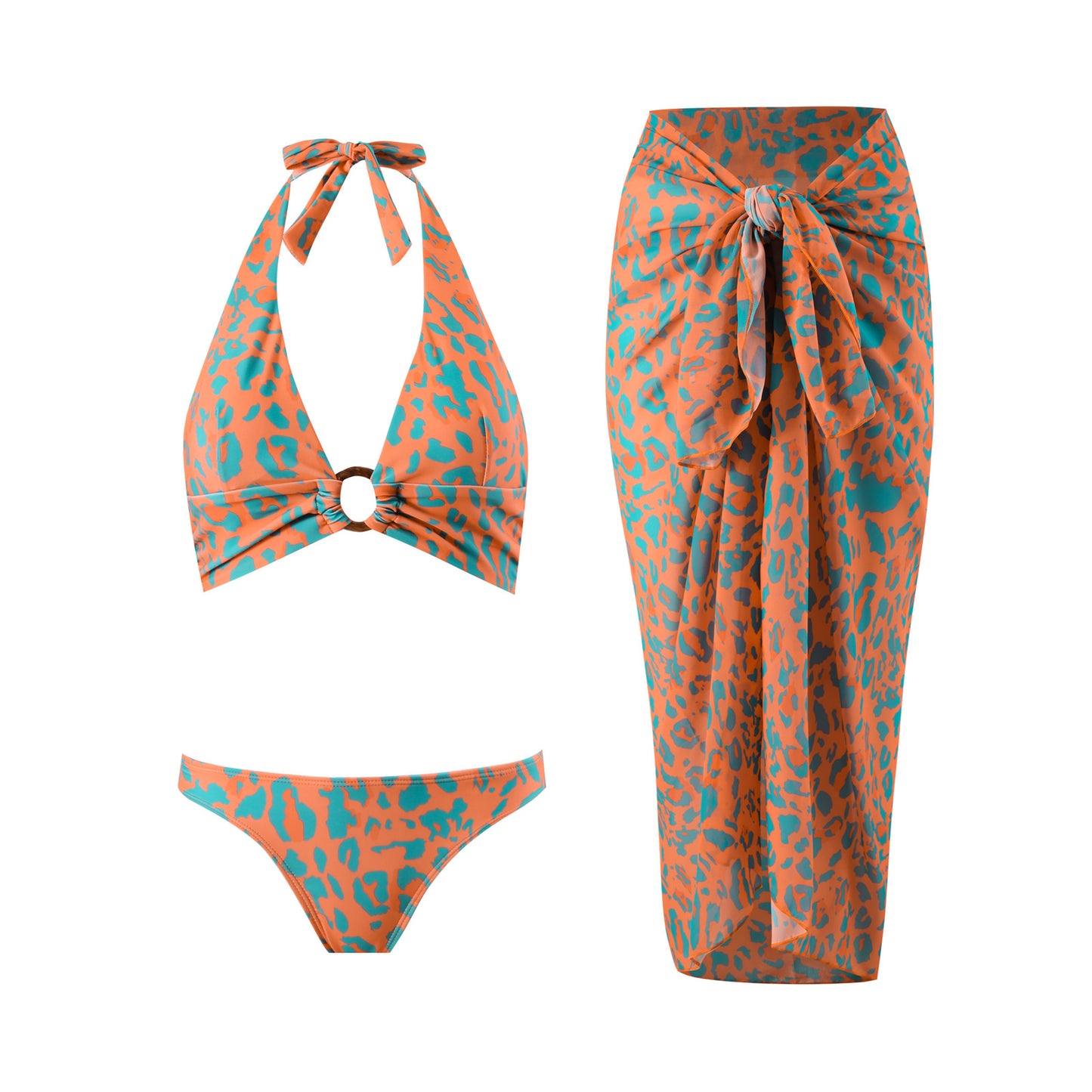 Vintage high waist split three-piece swimsuit women's bikini swimsuit chiffon beach skirt set
