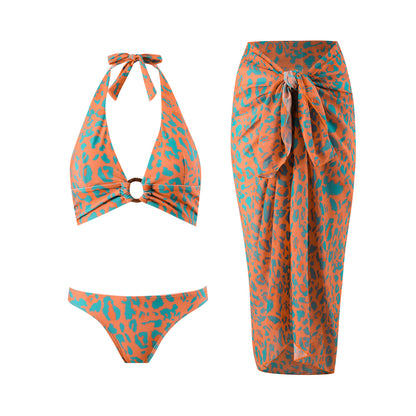 Vintage high waist split three-piece swimsuit women's bikini swimsuit chiffon beach skirt set