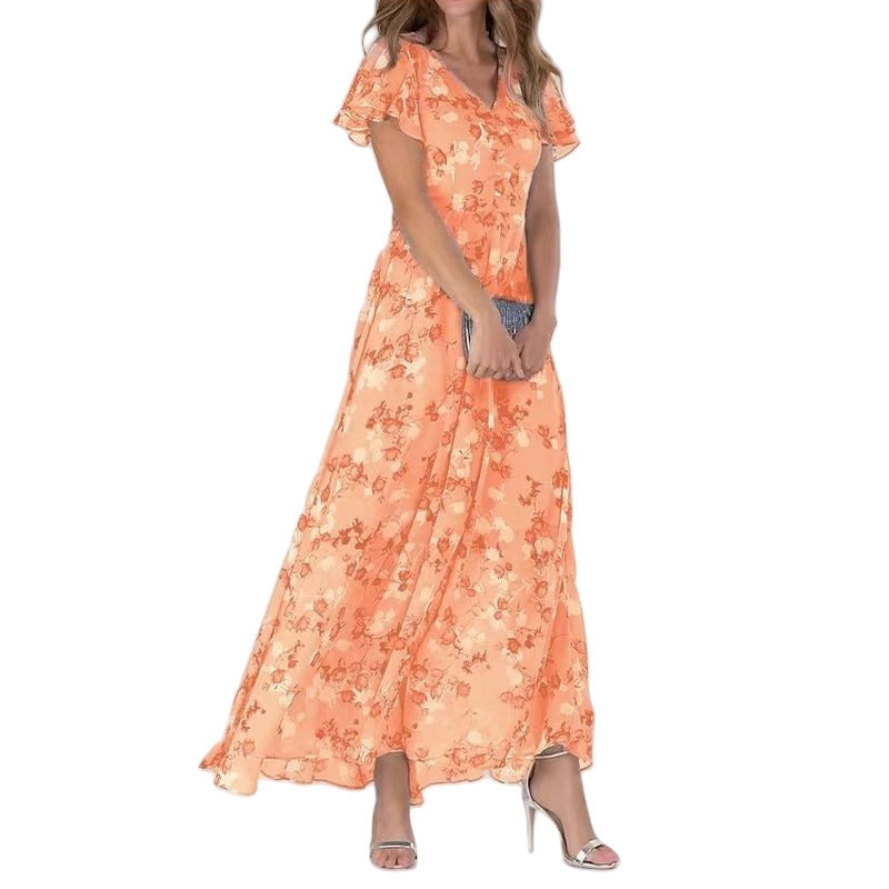Summer Flared Maxi Dress V-Neck Short Sleeve Printed Chiffon Dress