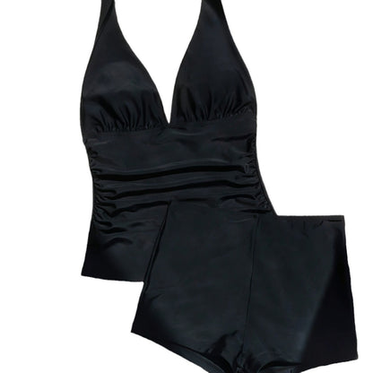Women's Plus Size Black Halter Neck High Waist Two Piece Bikini Swimsuit with Ruffles