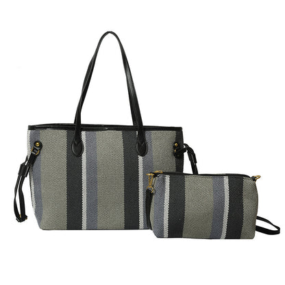 Canvas Striped Letter Print Tote – Large Shoulder & Crossbody Bag, Trendy Versatile Shopper