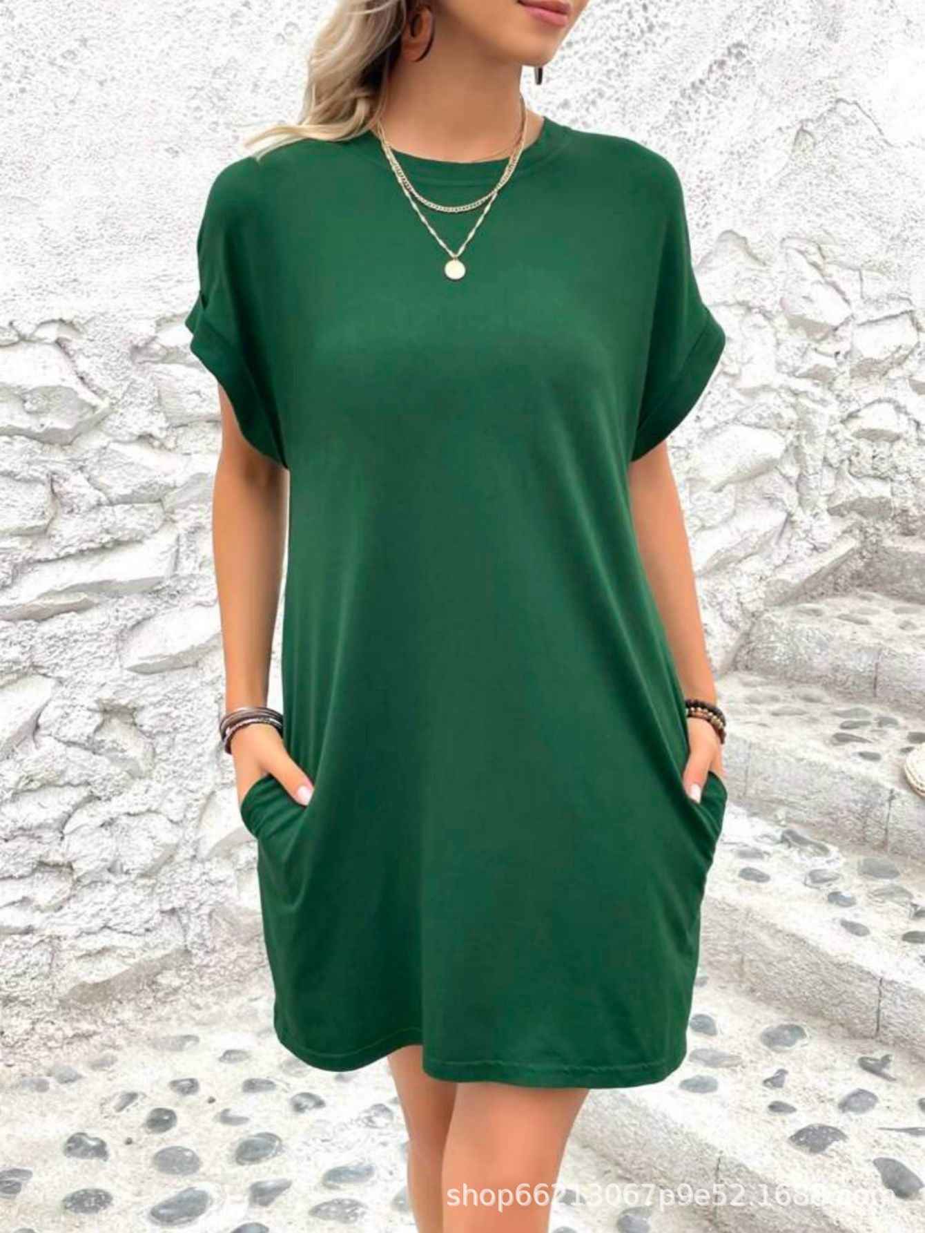 Loose Plus Size Fashion Casual Dress Solid Batwing Sleeve Tee Dress