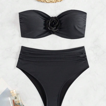 Women's Black Floral Two Piece Swimsuit Sexy High Waist Bikini Set