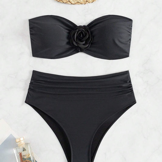 Women's Black Floral Two Piece Swimsuit Sexy High Waist Bikini Set