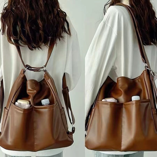 Mochila bandolera de poliuretano suave, mochila de gran capacidad para mujer, ideal para tres propósitos, bolso de mano para ir al trabajo o para usar como mochila cruzada multifuncional. 