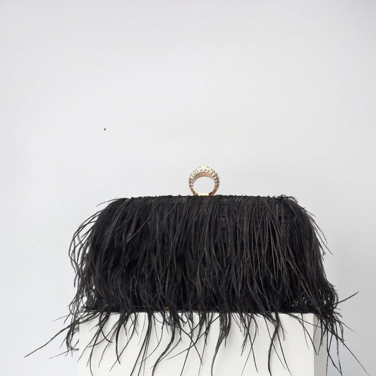 Elegant Ostrich Hair Ring Box – Small Square Bag with Chain Crossbody Shoulder Velvet Evening Clutch Purse