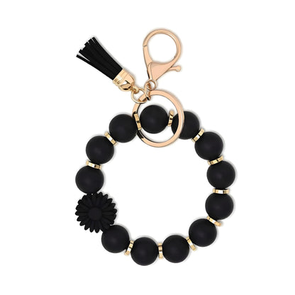 Llavero con borla de PU y cuentas de silicona para bolso, pulsera, llavero de coche, para mujeres y niñas 