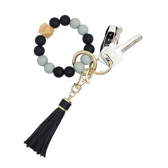Llavero con borla de PU y cuentas de silicona para bolso, pulsera, llavero de coche, para mujeres y niñas 