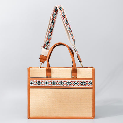 Straw tote bag, seaside vacation tote bag, large capacity beach bag, handbag contrasting color crossbody shoulder bag women with guitar belt