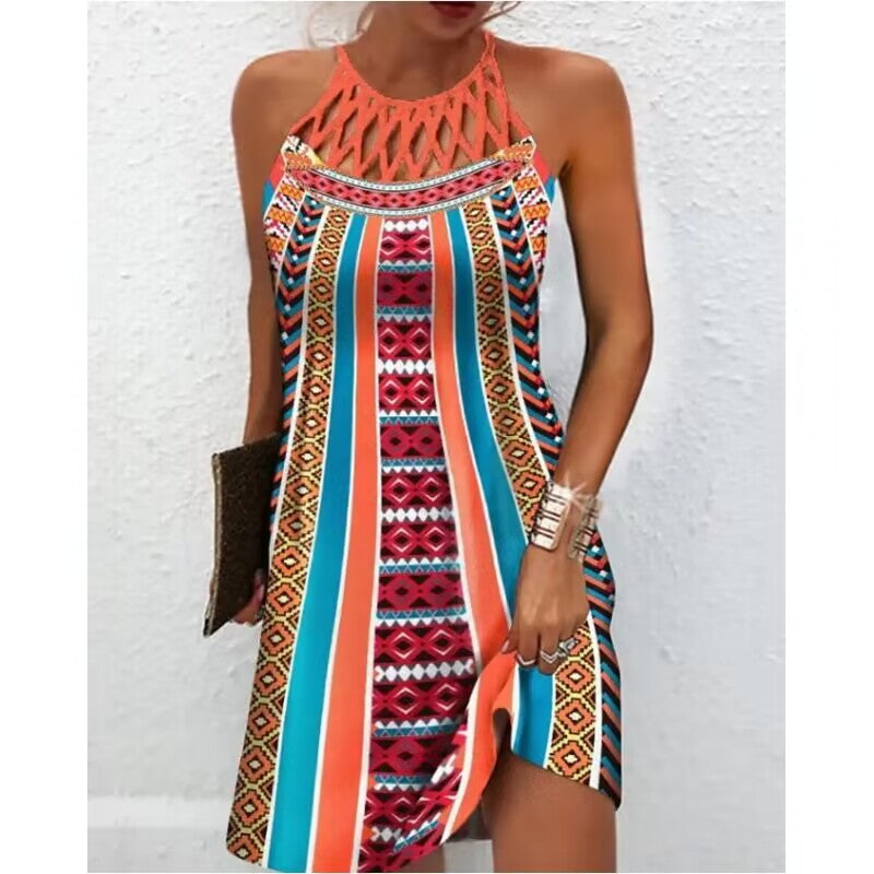 Spring and summer ethnic style positioning printing mesh belt sleeveless dress women's elegant retro