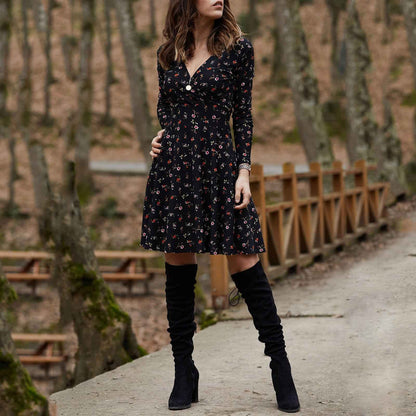 Retro Floral Print V-Neck Long Sleeve Dress
