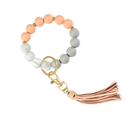 Llavero con borla de PU y cuentas de silicona para bolso, pulsera, llavero de coche, para mujeres y niñas 