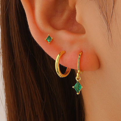 Copper Inlaid Zircon Rhombus Pendant Women 3pcs Earrings Set Studs Buckle Hoops