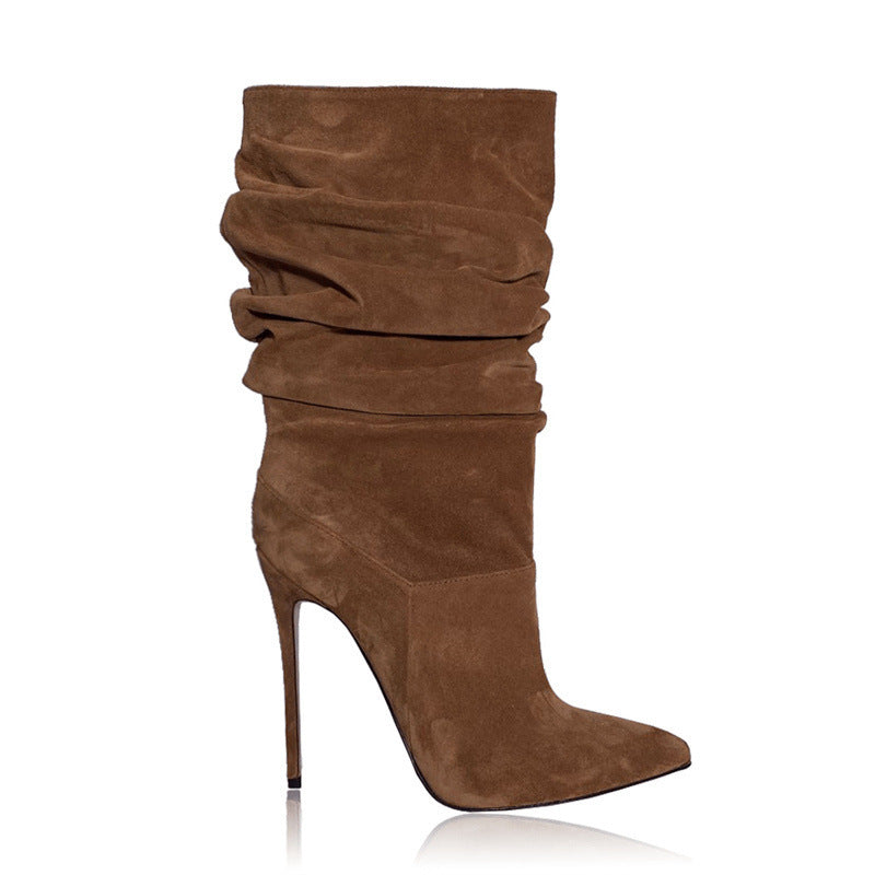 Pointed Toe Suede Stacked Heel Boots