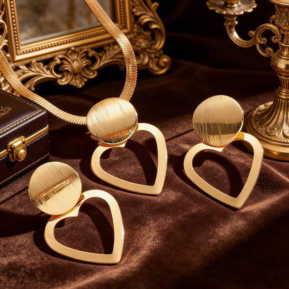 Creative Circle Heart Geometric Pendant Necklace & Earrings Elegant Jewelry Set