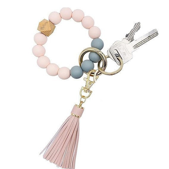 Llavero con borla de PU y cuentas de silicona para bolso, pulsera, llavero de coche, para mujeres y niñas 