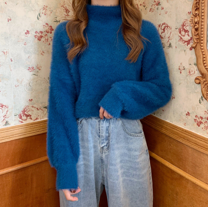 High-Neck Faux Fur Knit Sweater