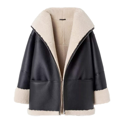 Black Biker Jacket with Shearling Collar Coat