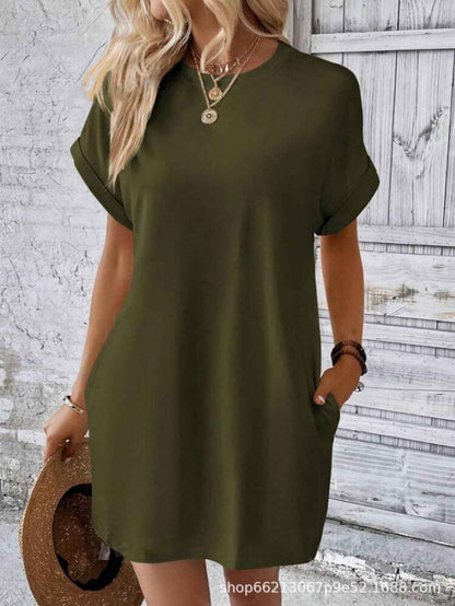 Loose Plus Size Fashion Casual Dress Solid Batwing Sleeve Tee Dress