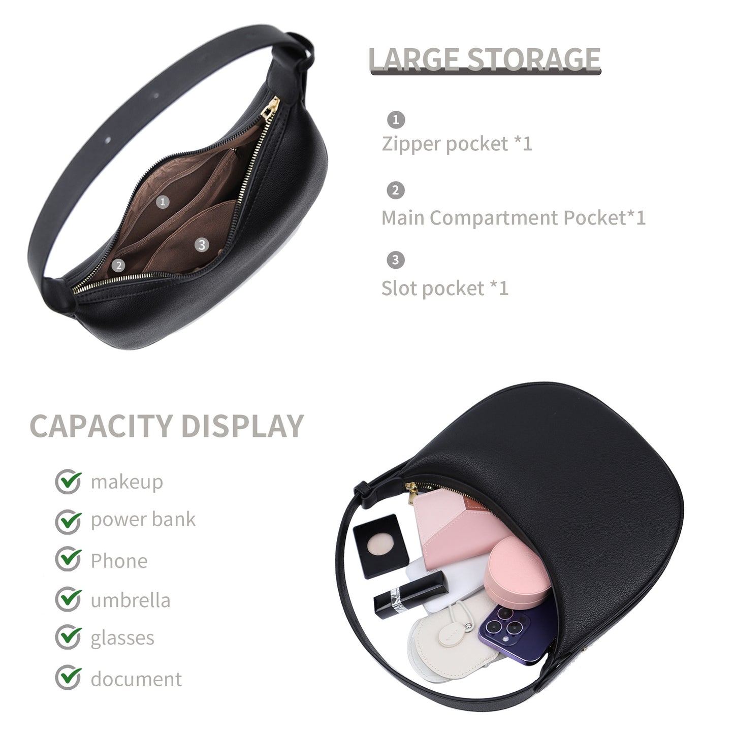 Bolso de media luna, bolso de hombro ajustable, bolso hobo para mujer 