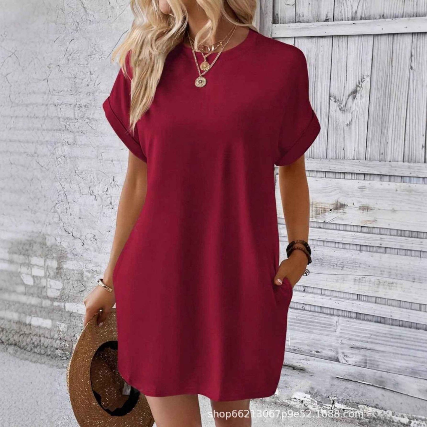 Loose Plus Size Fashion Casual Dress Solid Batwing Sleeve Tee Dress