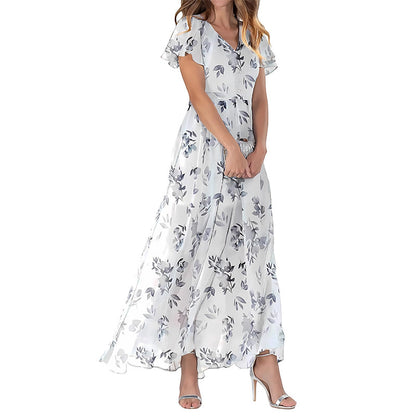 Summer Flared Maxi Dress V-Neck Short Sleeve Printed Chiffon Dress