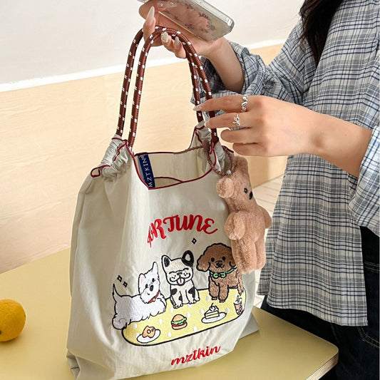 Bolsa de compras bordada con estampado de perrito, bolso tote de nailon, bolso de hombro de gran capacidad para el día a día. 