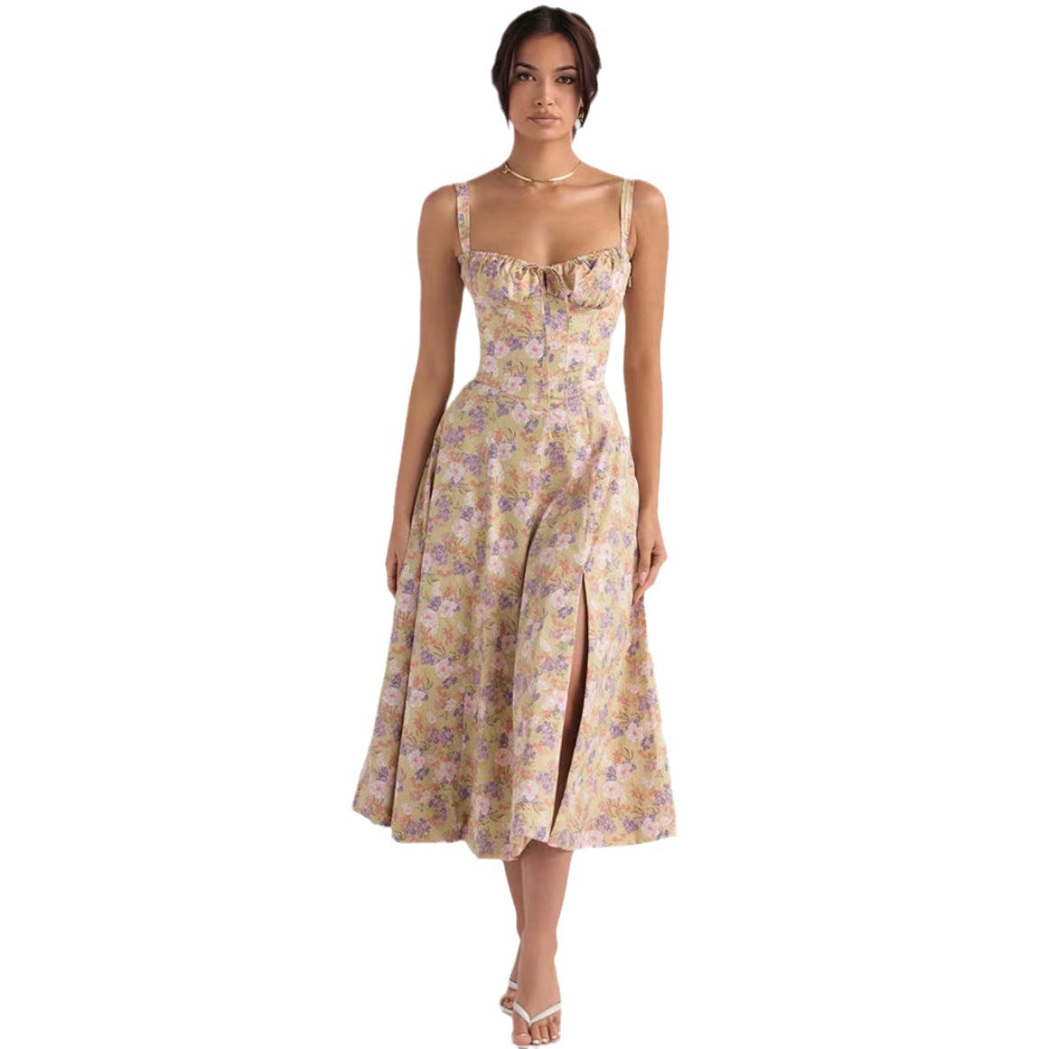 Sleeveless Strapless Bandage Corset Dress - Floral Print Long Midi Dress with Lace Up Back & Thigh Slit -dropshippingabc.com