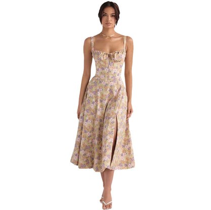 Sleeveless Strapless Bandage Corset Dress - Floral Print Long Midi Dress with Lace Up Back & Thigh Slit -dropshippingabc.com