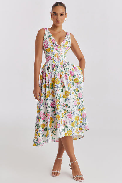 Summer Slim Suspender Long Dress Fashion Printed V-Neck Temperament Dress