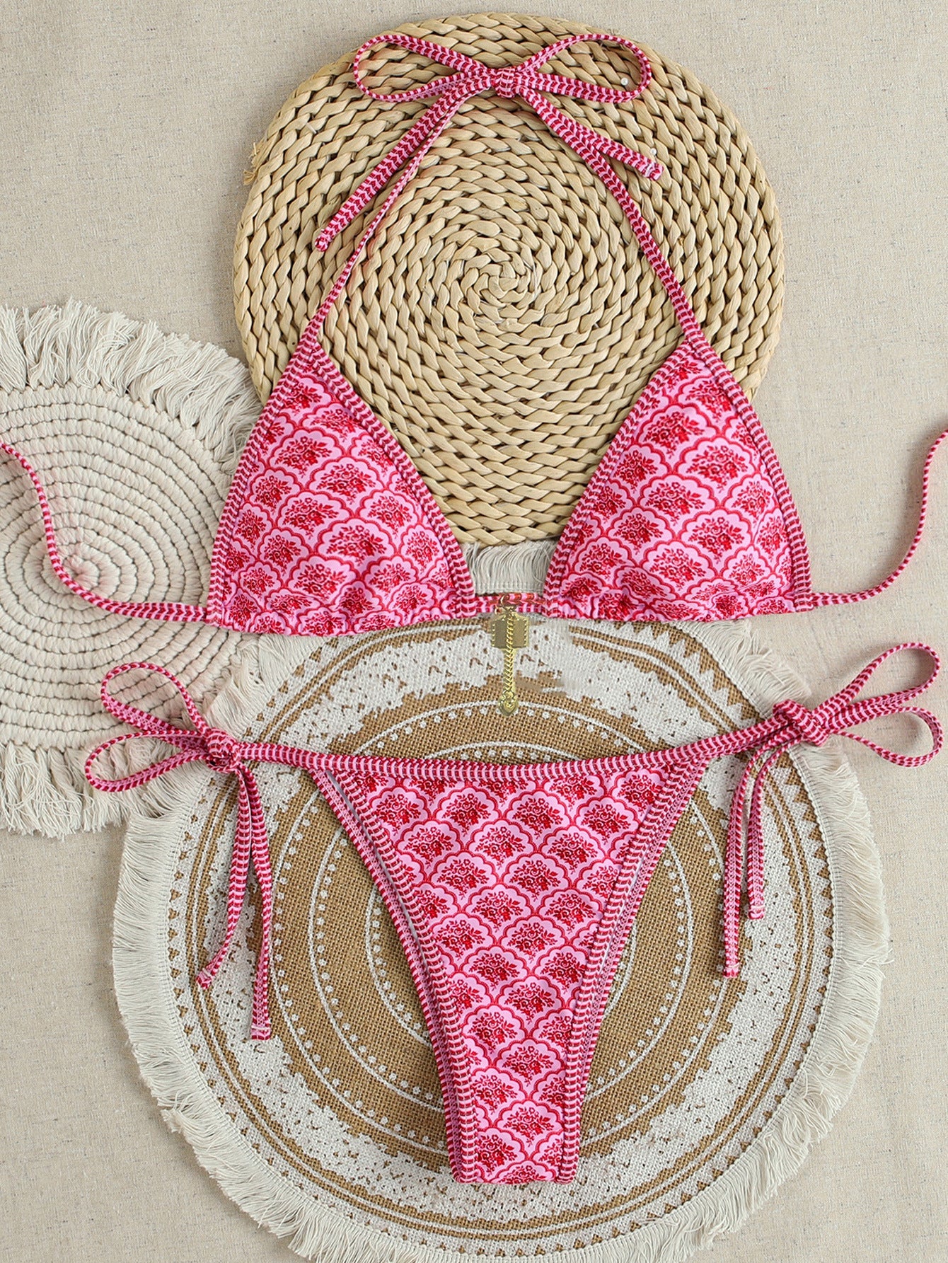 Plants Print Batwing Sleeve Bikini Set - Contrast Strap Sexy Split Swimsuit with Short Sleeve Cover -dropshippingabc.com