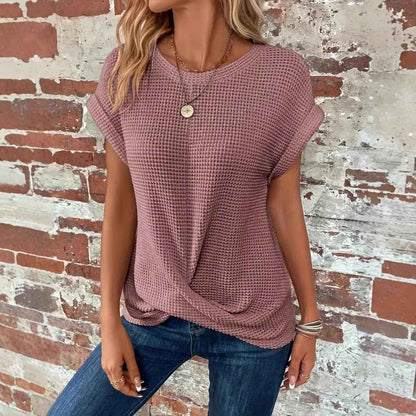 Batwing Sleeve Twist Hem Waffle Knit Tee