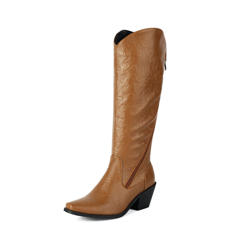 Chunky Heel Leather Martin Knee Boots | Big Sizes up to US16