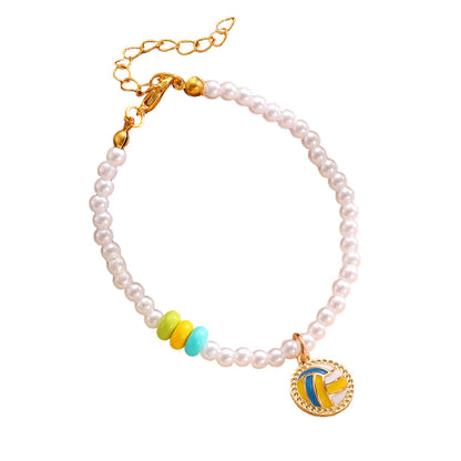 Sporty Soccer Football Rugby Pendant Pearl Beaded Necklace Bracelet Earrings Set