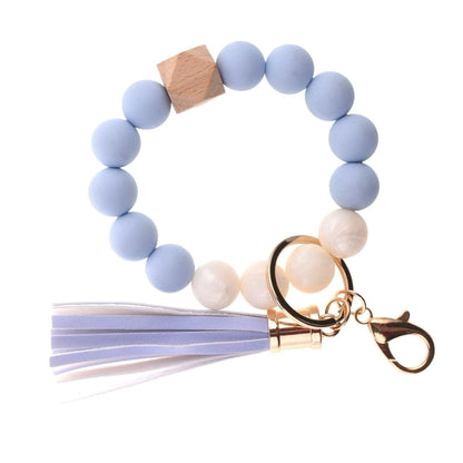 Llavero con borla de PU y cuentas de silicona para bolso, pulsera, llavero de coche, para mujeres y niñas 