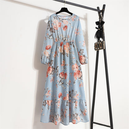 Spring and Autumn floral chiffon dress waist thin long sleeve round neck long printed skirt