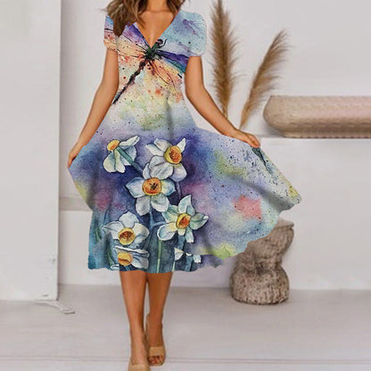 V Neck Bohemian Print Short Sleeve Dress - Flowy Casual Summer Dress with Elastic Waist -dropshippingabc.com