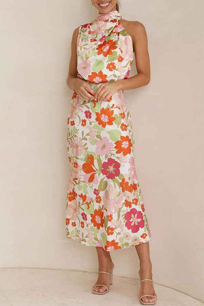 Sleeveless Strap Dress Slim Dress Satin Printing Temperament