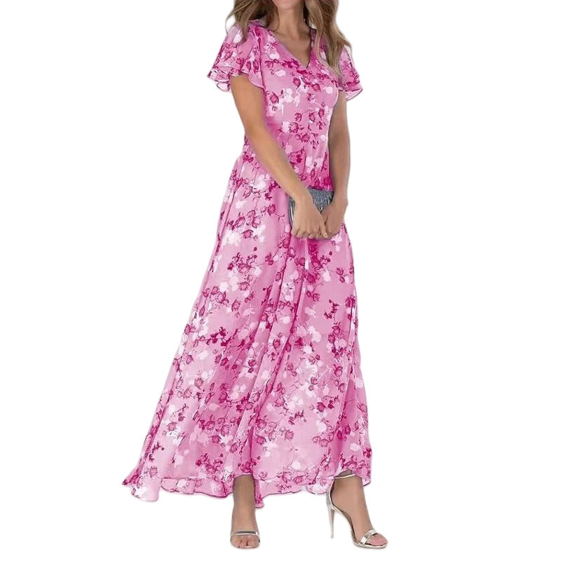 Summer Flared Maxi Dress V-Neck Short Sleeve Printed Chiffon Dress